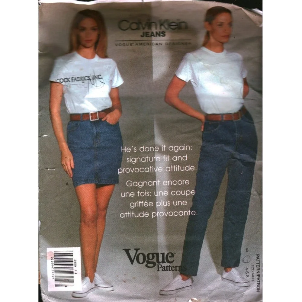 Vintage Vogue 2850 Calvin Klein Jeans Sewing Pattern Skirt Tapered Pants 4-8